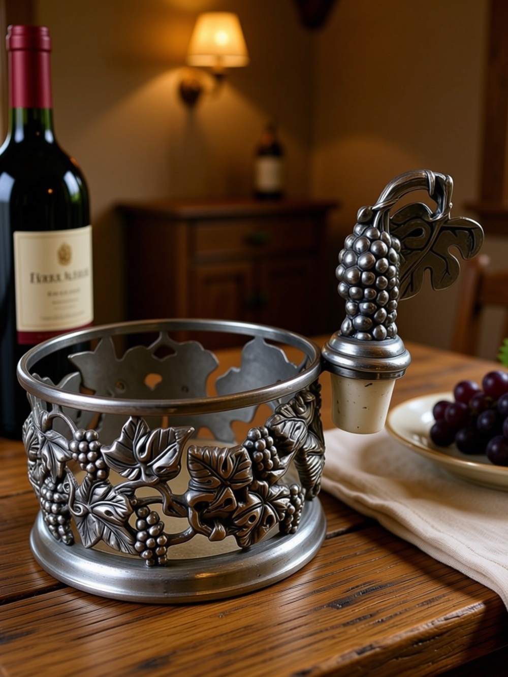 Vintage Godinger Silver Plated Grape Motif Wine Bottle Holder & Matching Stopper